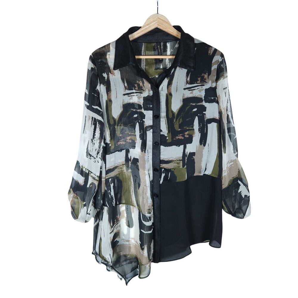IC by Connie K Tunic Top Medium Black Green Abstract Print Sheer Lagenlook